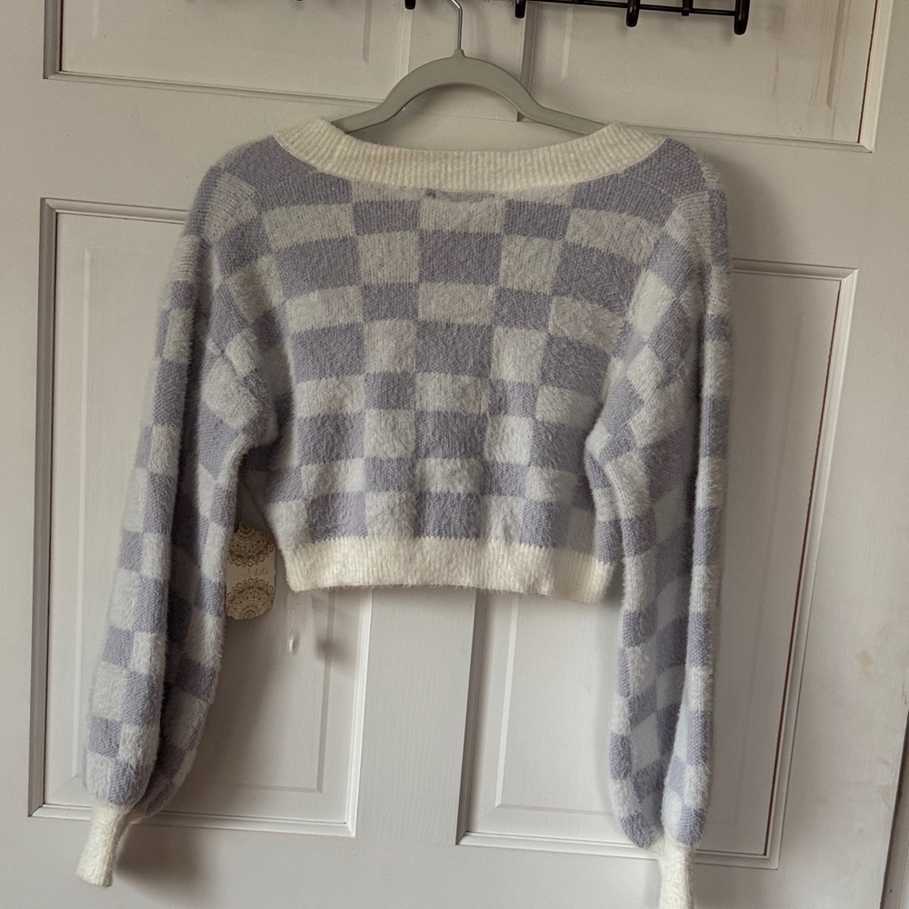 Altar'd State Cream and Purple Checkered Cropped Cardigan - Picture 8 of 13